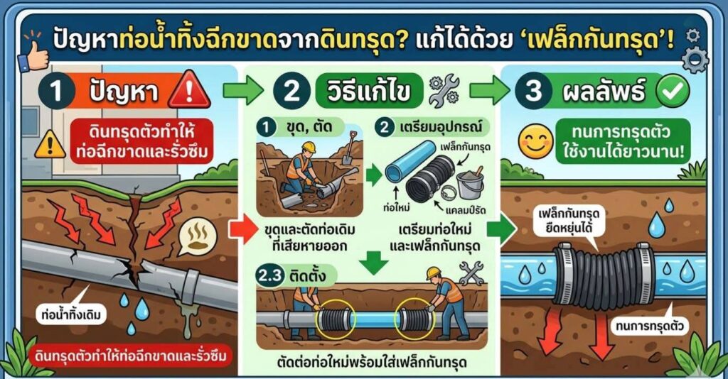 ท่อชักโครกฉีกขาดใต้พื้นดิน ท่อเฟล็กซ์กันทรุด